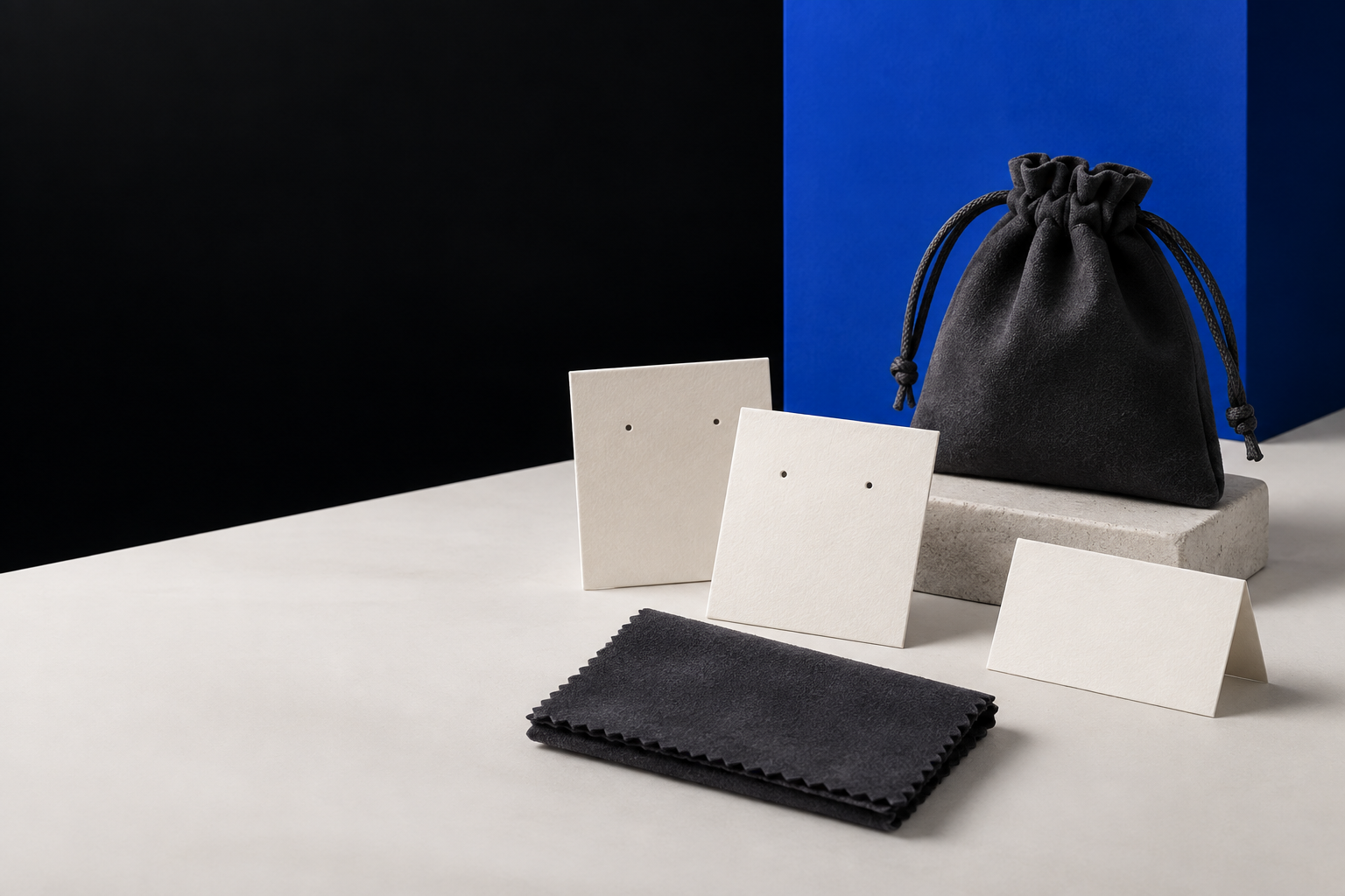 A coordinated jewellery packaging set with a charcoal pouch, polishing cloth and ivory cards